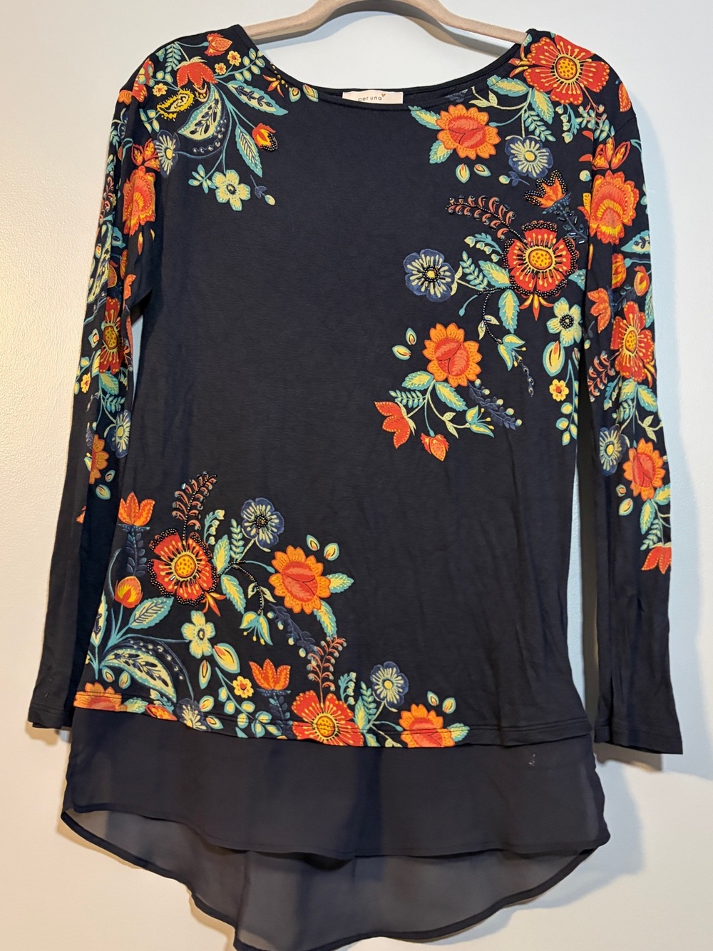 Per Una M&S Navy Blue Long Sleeve Patterned Top with Bead Detail